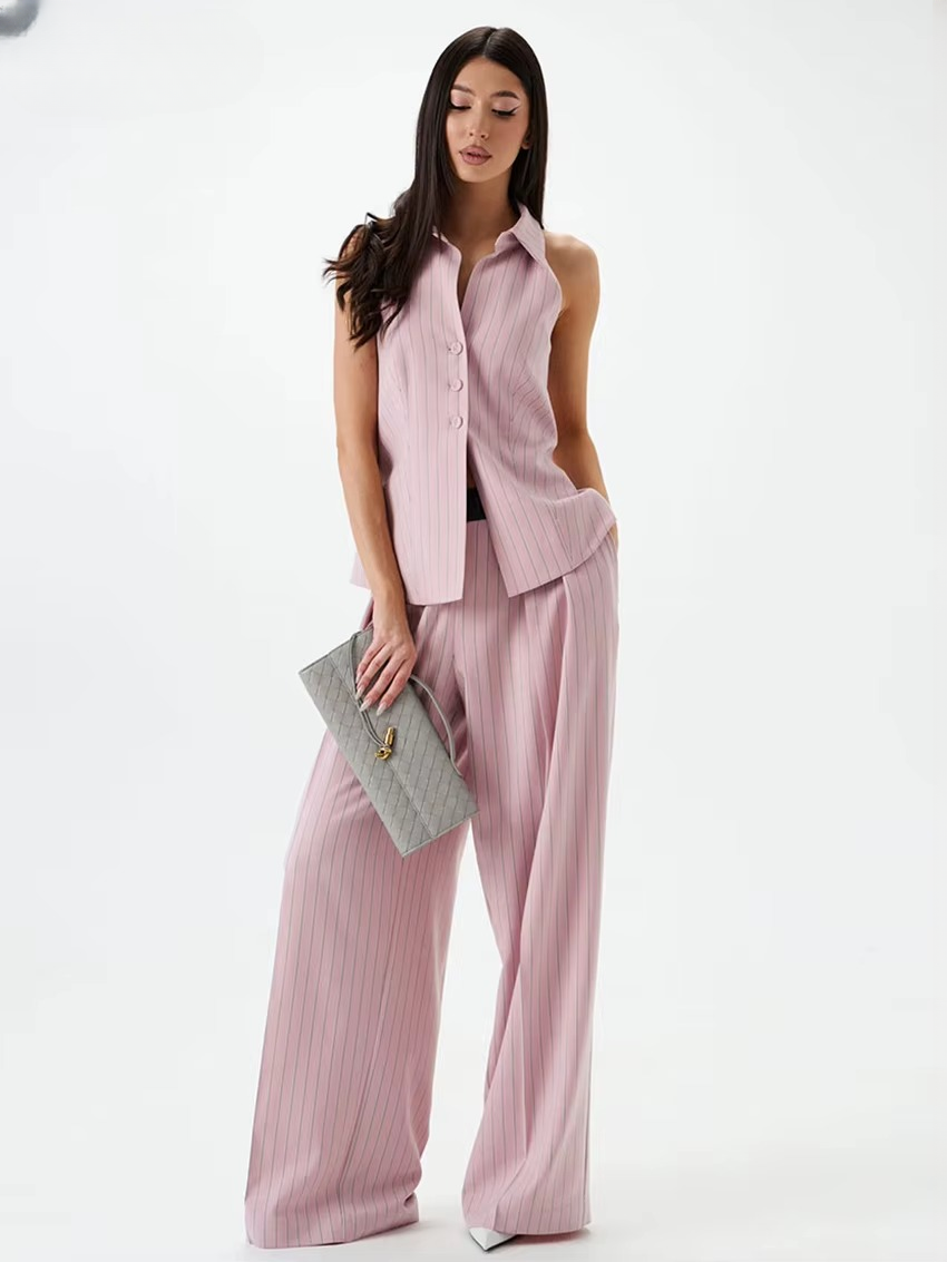 Stripe Print Sleeveless Tank Top With High Waist Wide Pants 2 Piece Sets