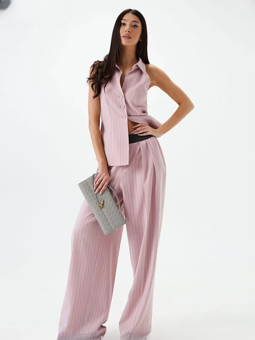 Stripe Print Sleeveless Tank Top With High Waist Wide Pants 2 Piece Sets - Image 4