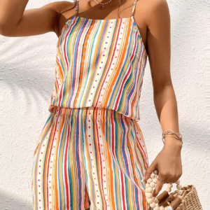 Sweet Striped Polka Dot Suspender Shorts And Top 2 Piece Set