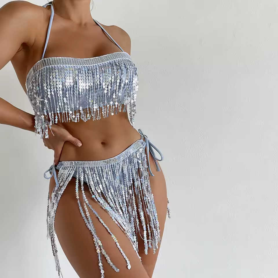 Swimsuits Sequin Tassels Backless Halter Bikini Bra and Tie up Waist Briefs Sets