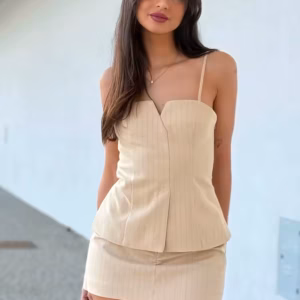 Casual Side Zipper Pleated Striped Sling Short Top Pockets Streetwear Two Piece Set