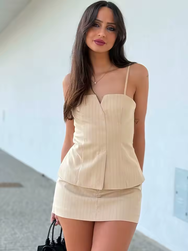 Casual Side Zipper Pleated Striped Sling Short Top Pockets Streetwear Two Piece Set