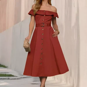 Casual Short Sleeve Open Shoulder Ruffles Off-Shoulder Belted Midi Dress