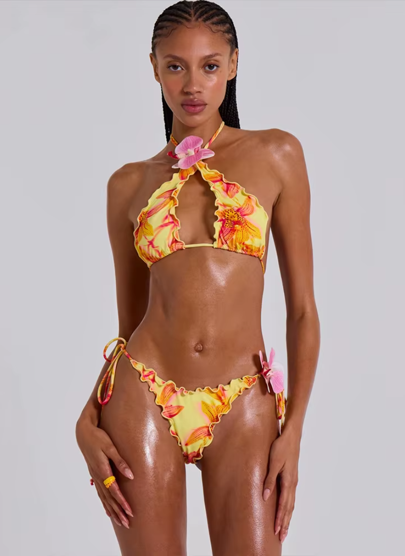 Thin Ruffles Cross Halter Camisole Panties Matching Club Swimsuit 2 Piece Set