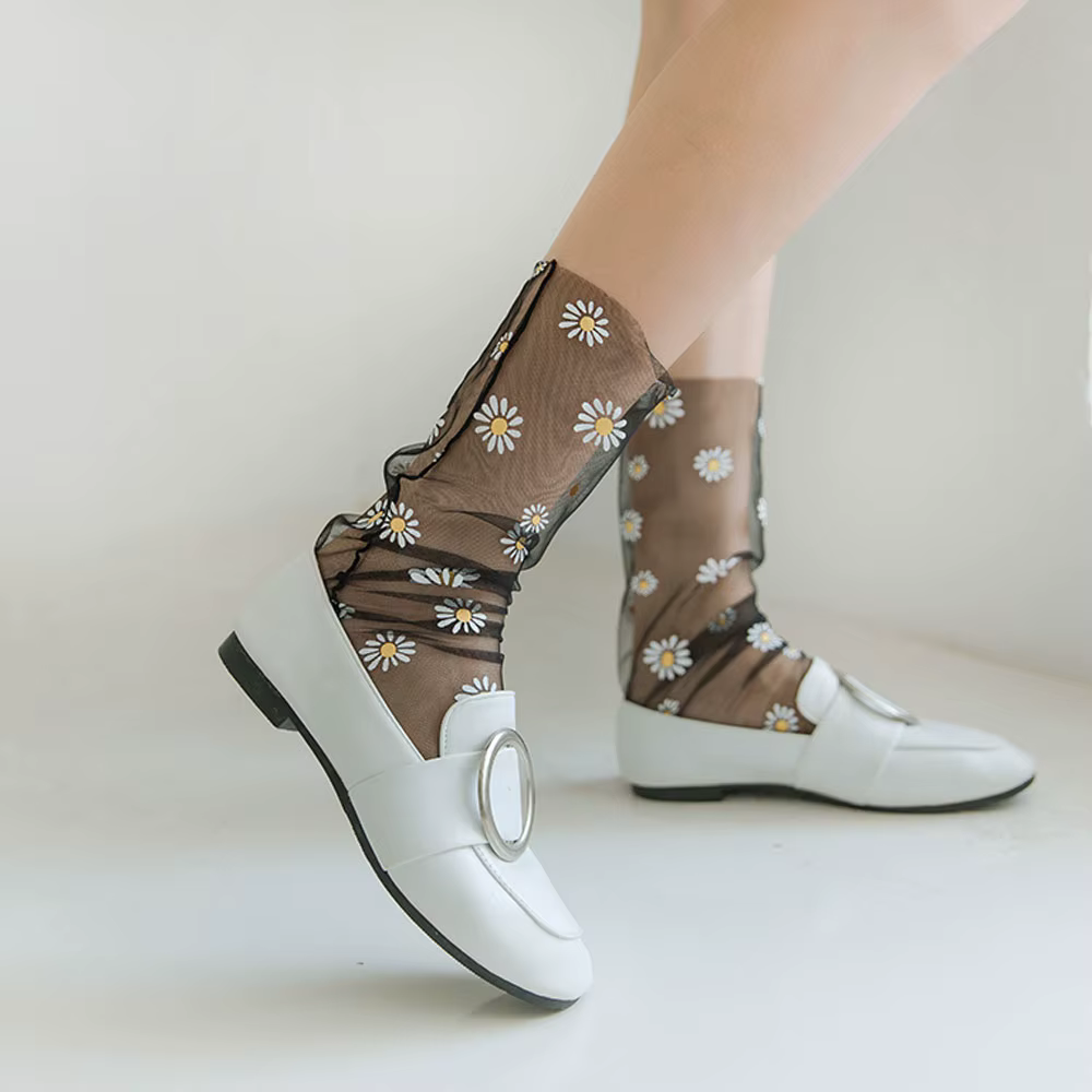 Floral Printed Transparent Stockings Mesh Frilly Chiffon Daisy Lace Socks - Image 6