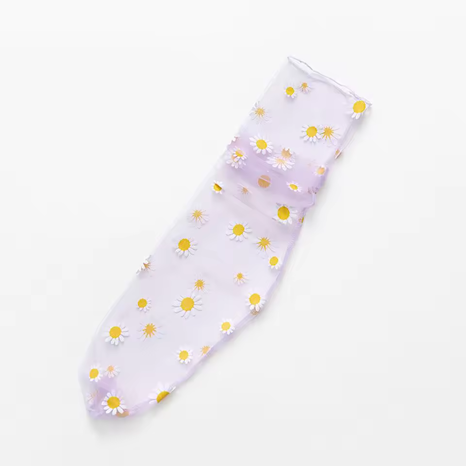 Floral Printed Transparent Stockings Mesh Frilly Chiffon Daisy Lace Socks - Image 13