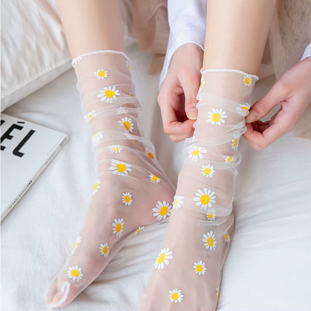 Floral Printed Transparent Stockings Mesh Frilly Chiffon Daisy Lace Socks - Image 3