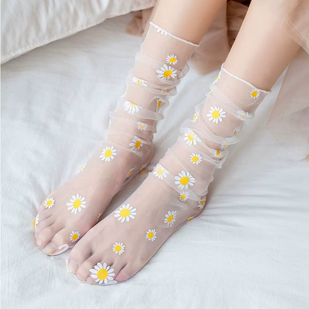 Floral Printed Transparent Stockings Mesh Frilly Chiffon Daisy Lace Socks