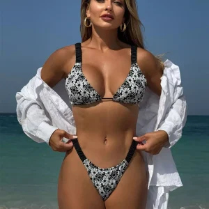 Trendy Adjustable Straps Contrast Floral Print Bikini 2-Piece Set Swimsuit