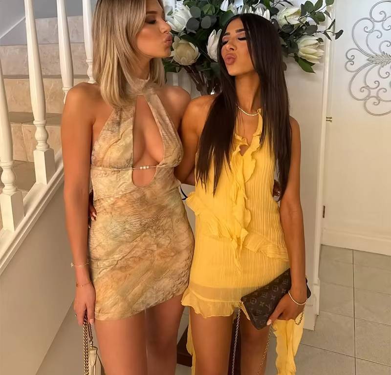 Trendy Halter Beach Style V-Neck Lace Up Hollow Out Printed Mini Dress - Image 7