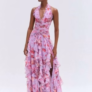 Trendy Halter Neck Ruffles Floral Printed Long Backless Side Split Maxi Dress