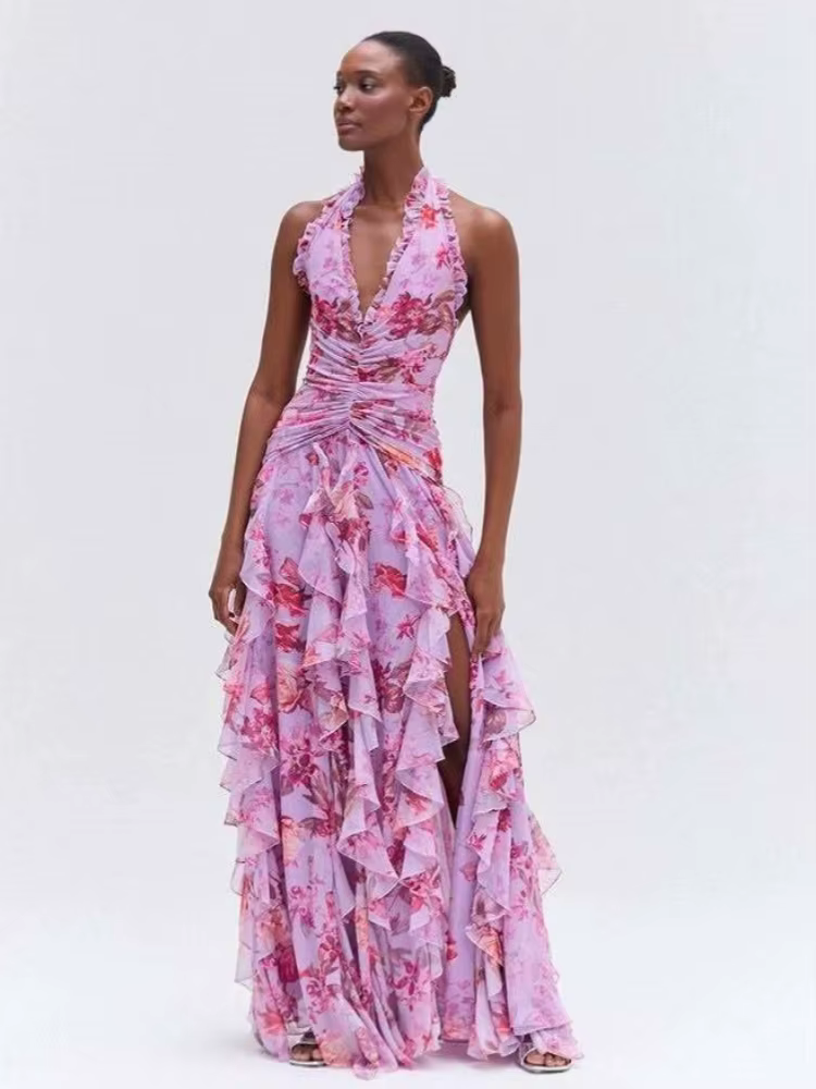 Trendy Halter Neck Ruffles Floral Printed Long Backless Side Split Maxi Dress
