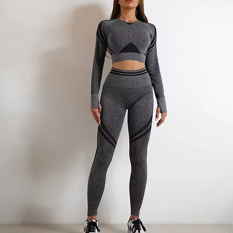 Nylon Seam Pockets Seamless Hip-lifting Full Sleeved Yoga Sets - Image 3
