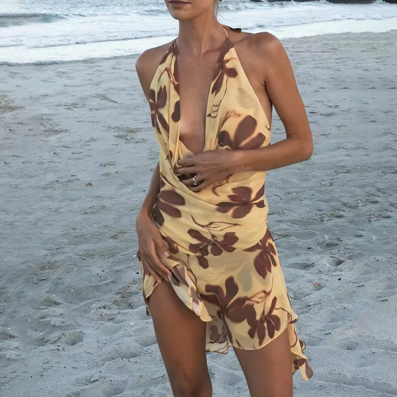 Trendy Printed Halter Deep V Neck Beach Style Mini Dress - Image 5