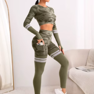 Trendy Seamless Fitness Long Sleeve Cropped Top high Waist Trousers Yoga Suit