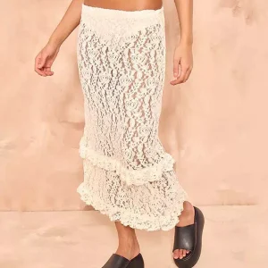 Trendy Sheer Design Ruffles Lace Beach Style Cover-Up Long Skirt