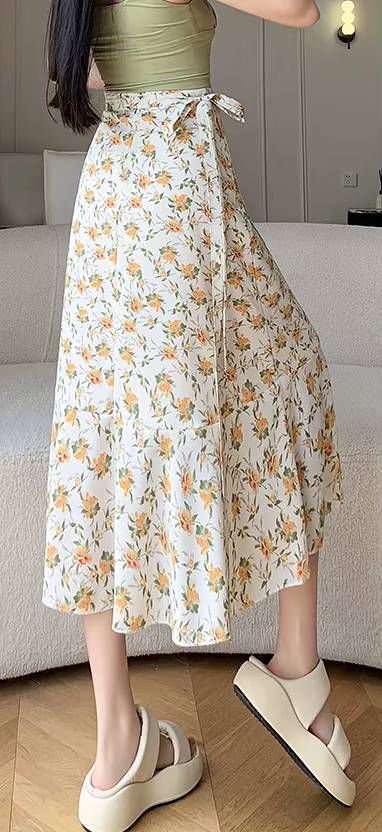 Casual A-Line Floral Print High Waist Beach Office Lady Style Midi Skirt - Image 6