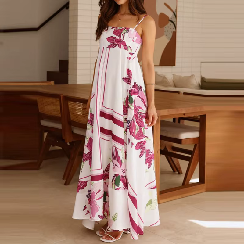 Vintage Bohemian Flower Print Swing Spaghetti Straps Beach Style Maxi Dress - Image 5