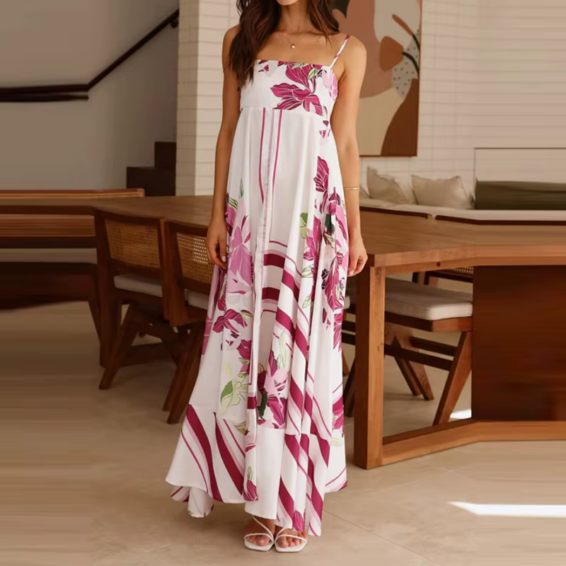 Vintage Bohemian Flower Print Swing Spaghetti Straps Beach Style Maxi Dress - Image 4