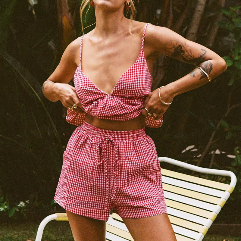 Casual Sleeveless Plaid Tie Up Tank Tops And High Waist Shorts 2 Piece Outfits