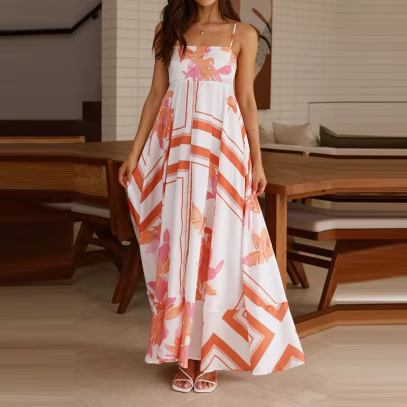Vintage Bohemian Flower Print Swing Spaghetti Straps Beach Style Maxi Dress - Image 10