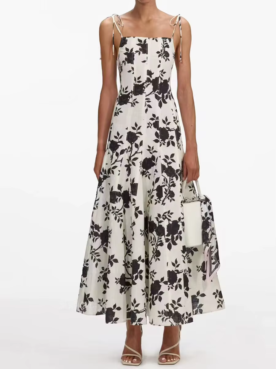 Vintage Bohemia Patchwork Floral Square Collar Sleeveless High Waist Folds Printed Dress