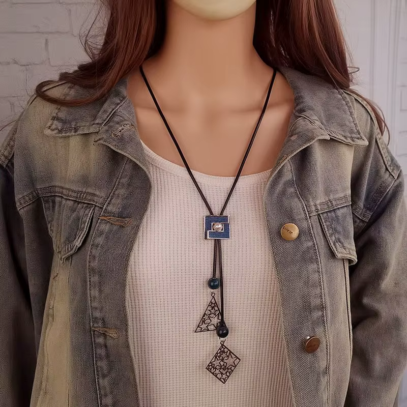 Bohemian Cord Y Geometric Hollow-out Metal Adjustable Length Necklace