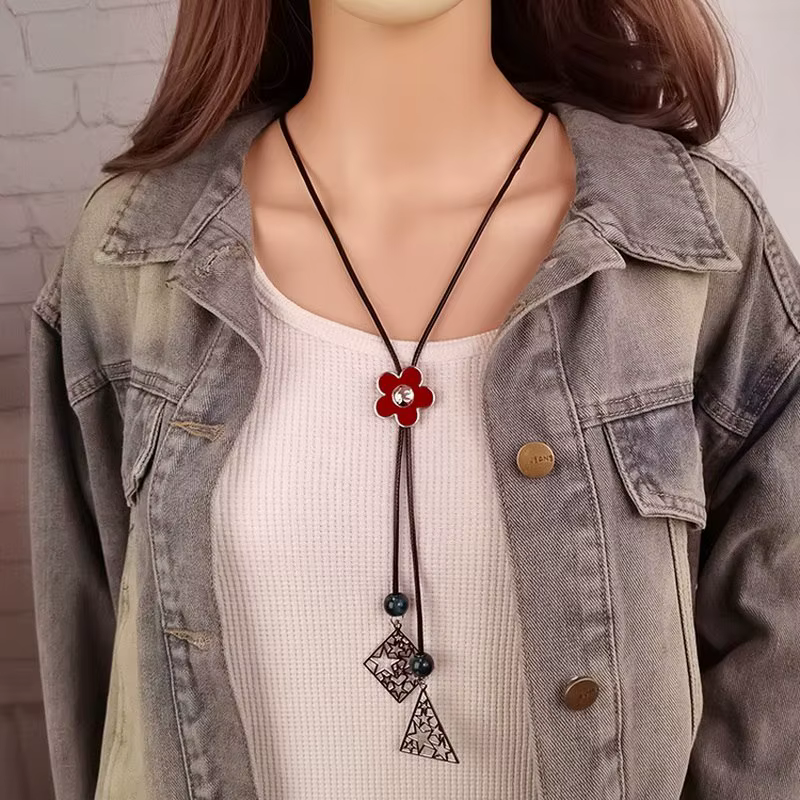 Vintage Bohemian Adjustable Length Cord Y Geometric Hollow-out Metal Pendant Necklace - Image 6