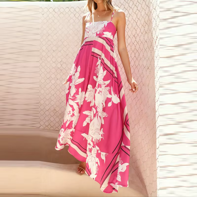 Vintage Bohemian Flower Print Swing Spaghetti Straps Beach Style Maxi Dress - Image 14