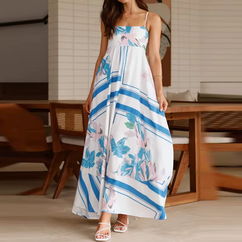 Vintage Bohemian Flower Print Swing Spaghetti Straps Beach Style Maxi Dress