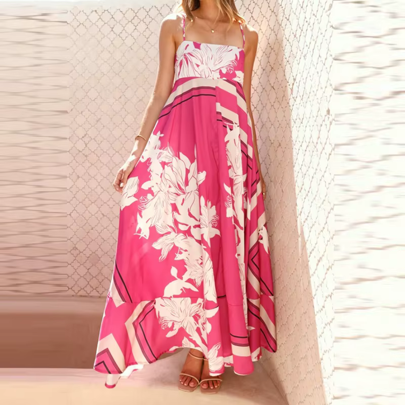 Vintage Bohemian Flower Print Swing Spaghetti Straps Beach Style Maxi Dress - Image 13
