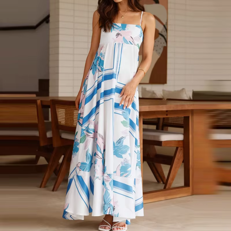 Vintage Bohemian Flower Print Swing Spaghetti Straps Beach Style Maxi Dress - Image 3