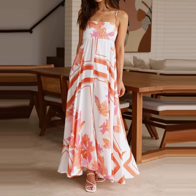 Vintage Bohemian Flower Print Swing Spaghetti Straps Beach Style Maxi Dress - Image 9