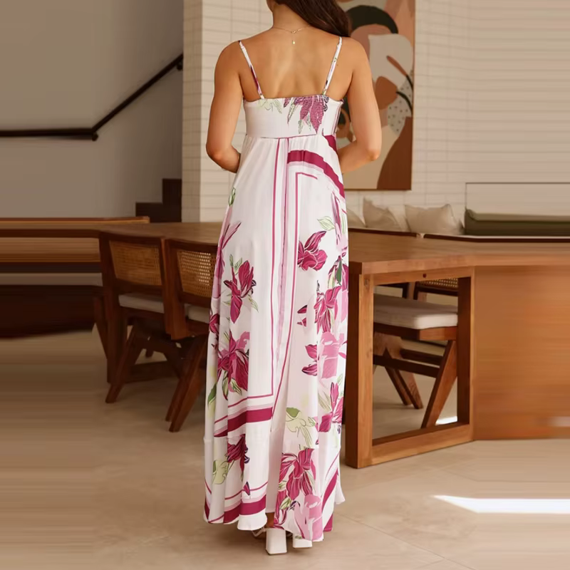 Vintage Bohemian Flower Print Swing Spaghetti Straps Beach Style Maxi Dress - Image 7