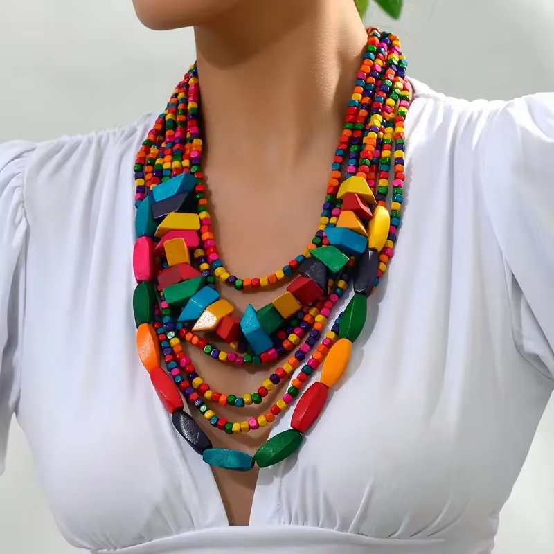 Vintage Bohemian Style Colorful Wood Layered Necklaces
