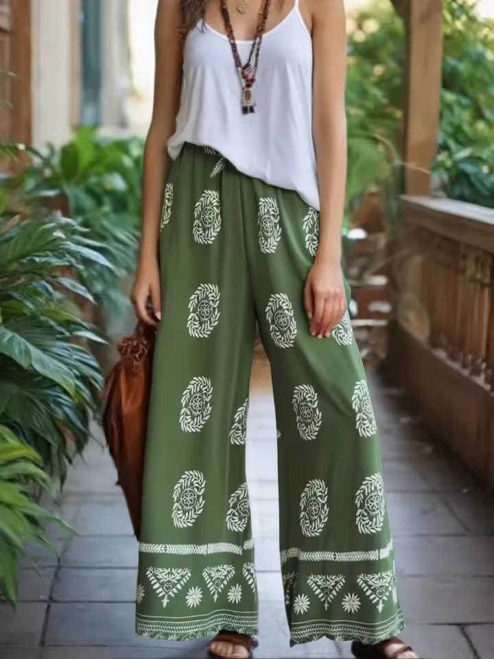 Vintage Chic Floral Bohemian Elastic Waist Loose Wide Leg Pants