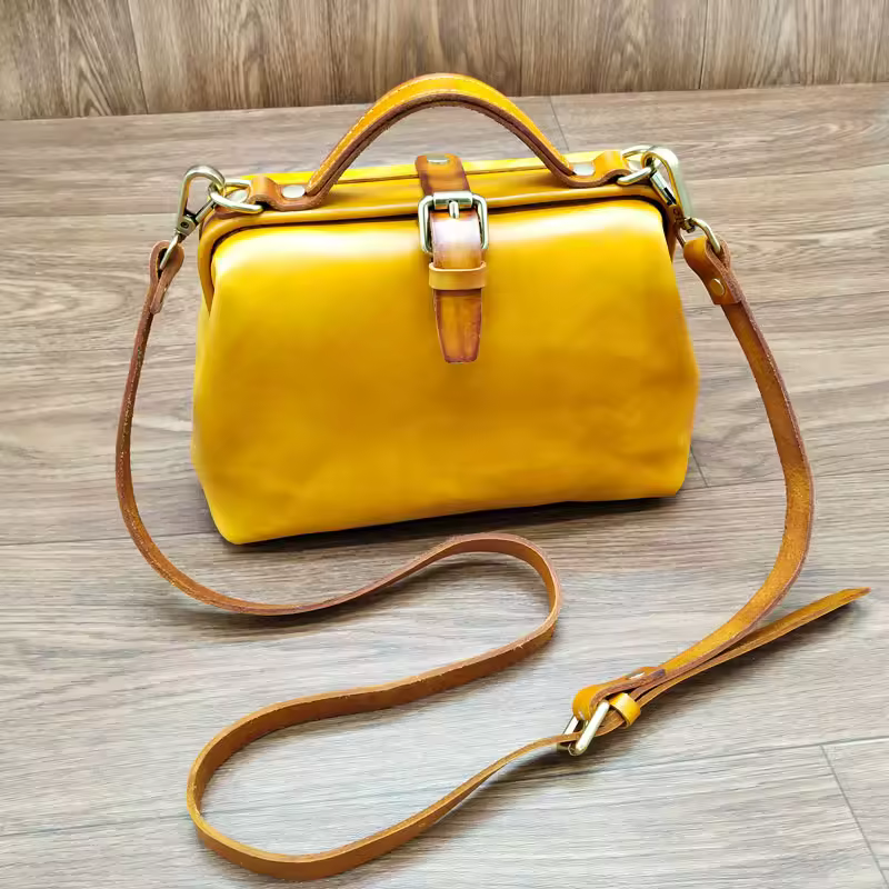 Vintage Doctor Bag Buckle Office Cowhide Genuine Leather Single Shoulder Crossbody Bag