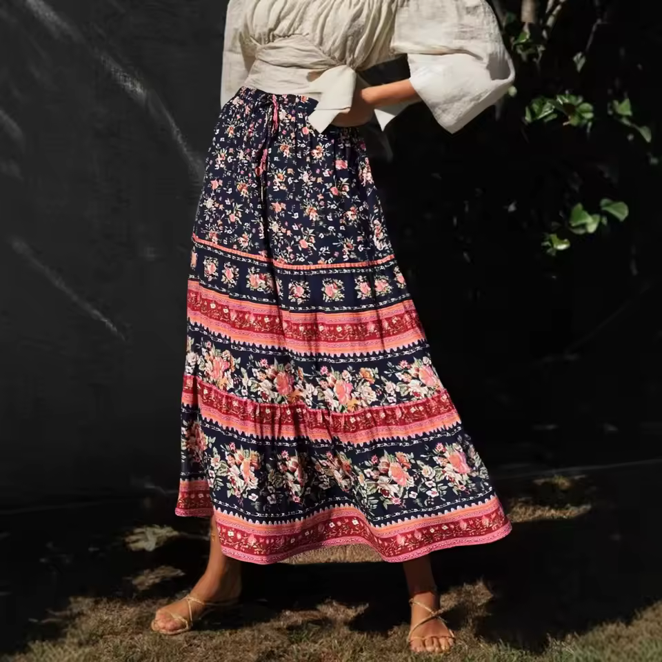 Vintage Elastic Waist Floral Print Ethnic Beach Style Bohemian Skirt
