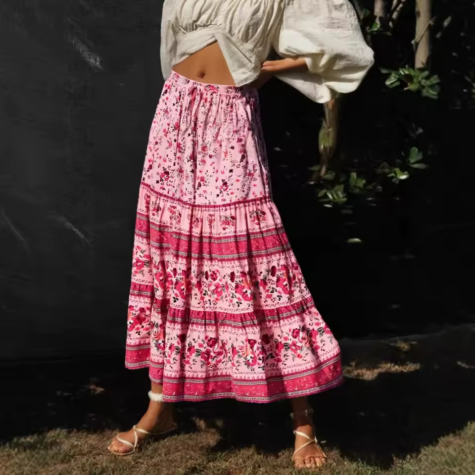 Vintage Elastic Waist Floral Print Ethnic Beach Style Bohemian Skirt - Image 3