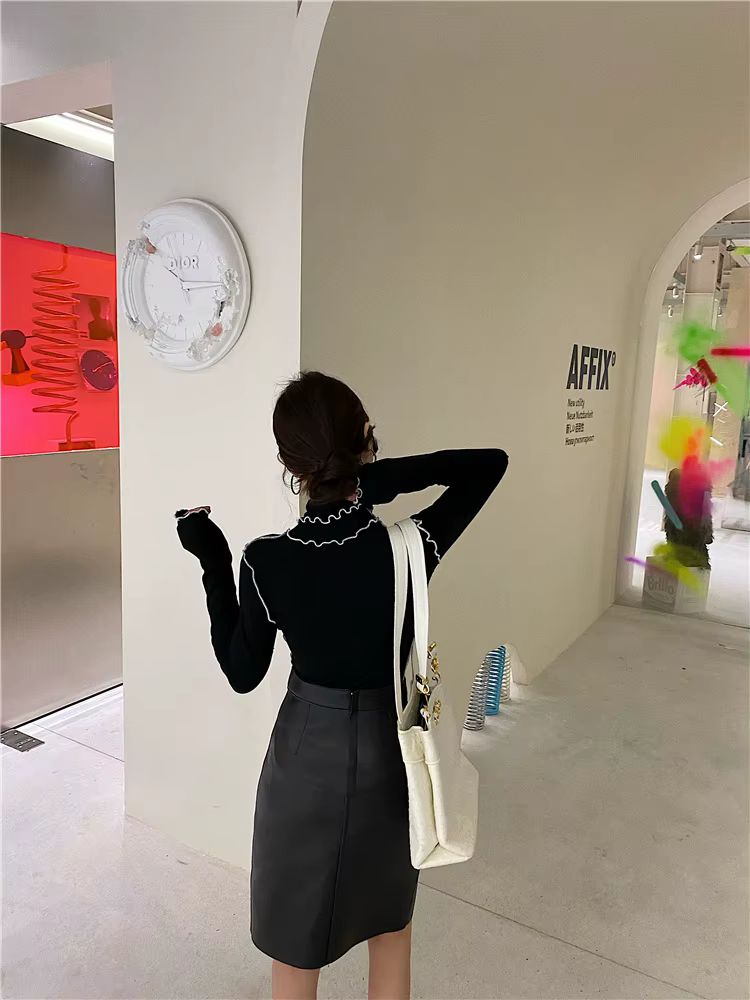 Vintage Faux Leather Double Zip Matte Office Lady Straight PU Split Skirt - Image 7