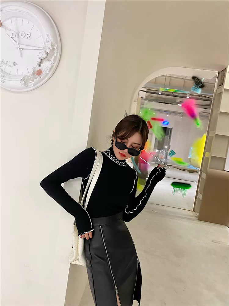 Vintage Faux Leather Double Zip Matte Office Lady Straight PU Split Skirt - Image 9