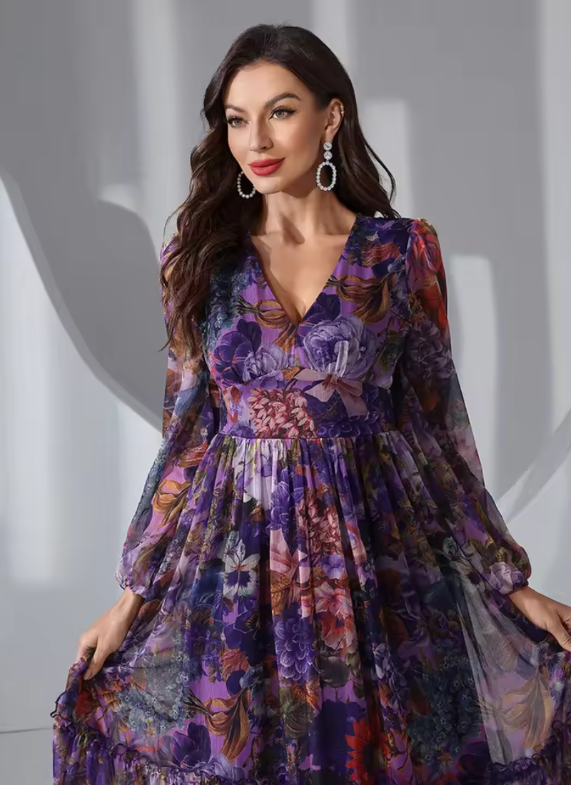 Vintage Floral Print Long Sleeve Ruffle V-Neck Casual Elegant Party Maxi Dresses - Image 6