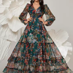 Vintage Floral Print Long Sleeve Ruffle V-Neck Casual Elegant Party Maxi Dresses