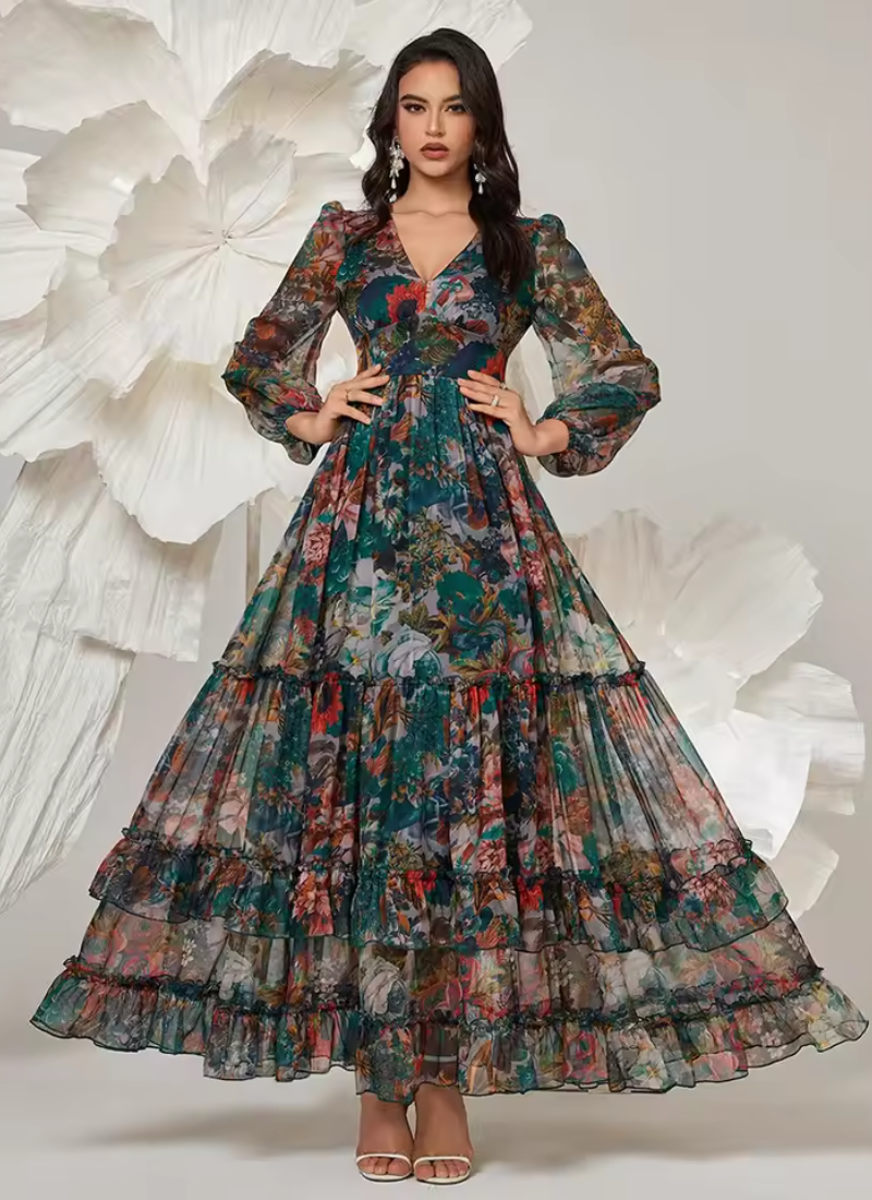 Vintage Floral Print Long Sleeve Ruffle V-Neck Casual Elegant Party Maxi Dresses