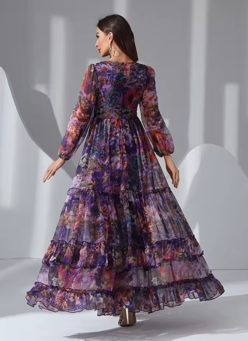 Vintage Floral Print Long Sleeve Ruffle V-Neck Casual Elegant Party Maxi Dresses - Image 5