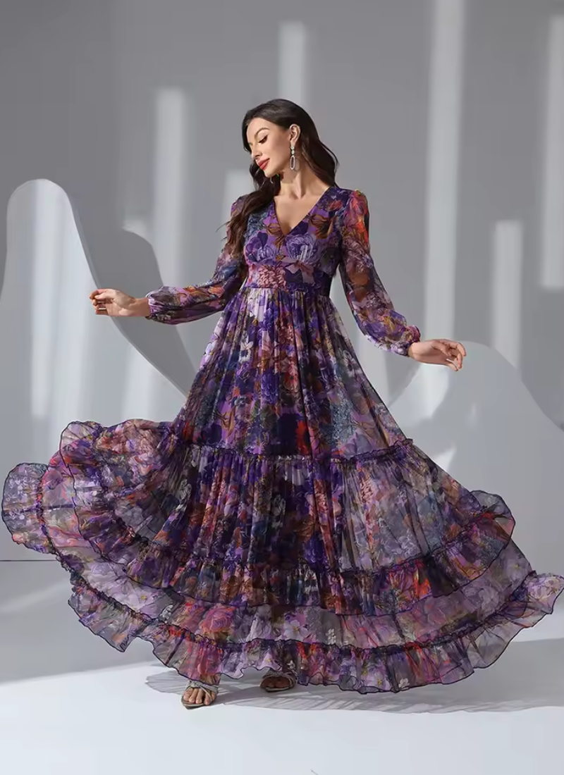 Vintage Floral Print Long Sleeve Ruffle V-Neck Casual Elegant Party Maxi Dresses - Image 4