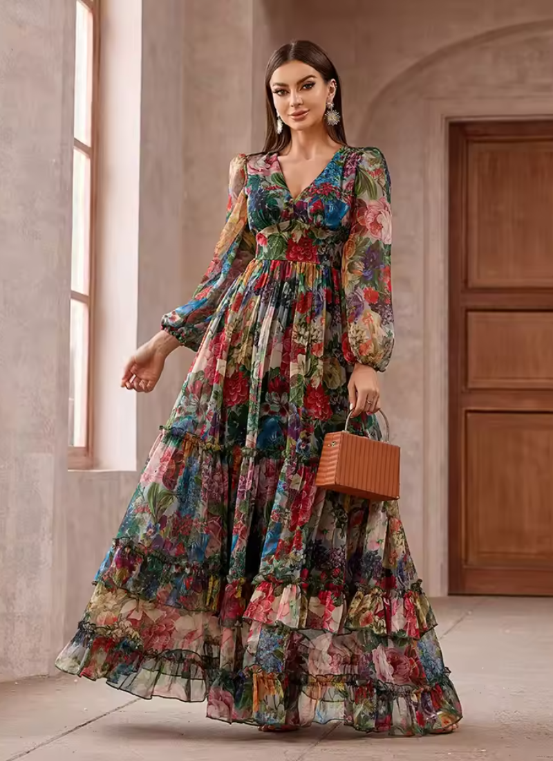 Vintage Floral Print Long Sleeve Ruffle V-Neck Casual Elegant Party Maxi Dresses - Image 2