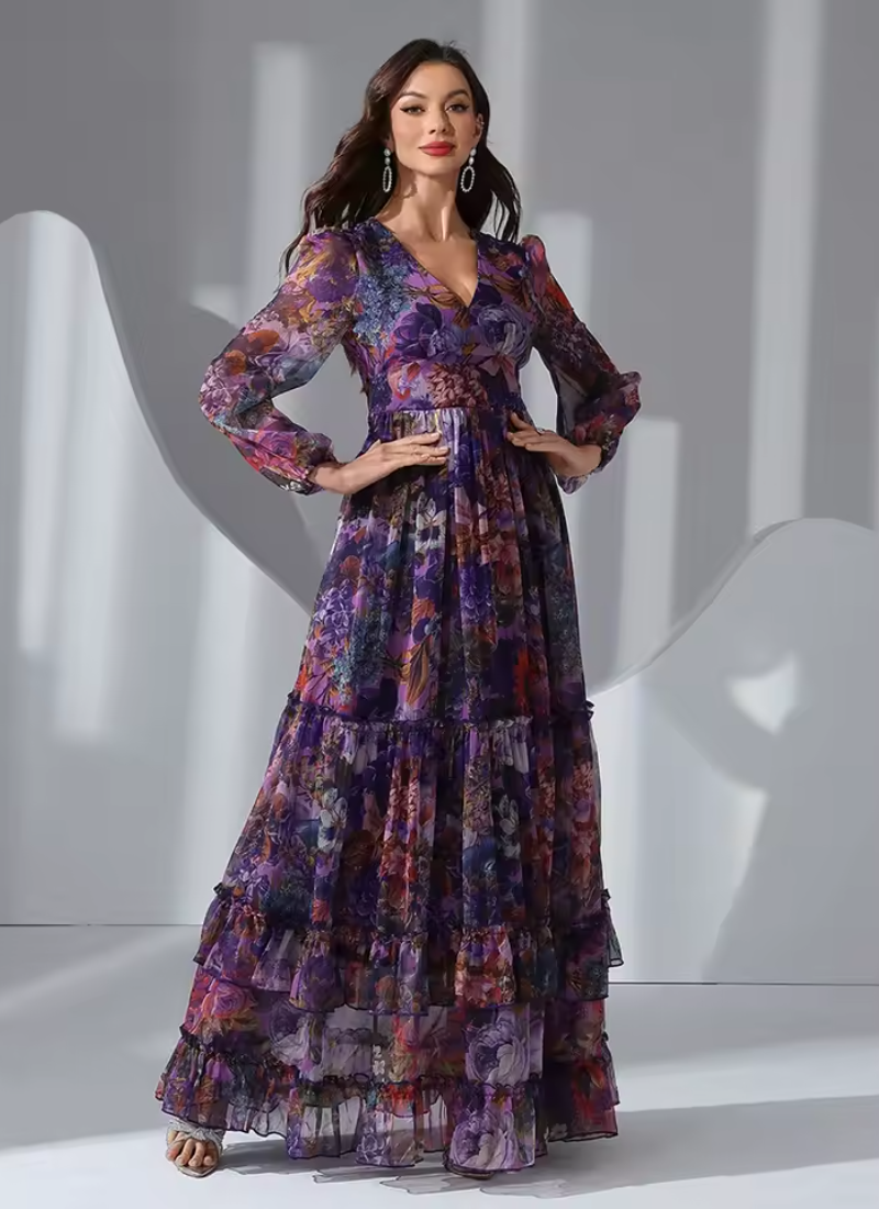 Vintage Floral Print Long Sleeve Ruffle V-Neck Casual Elegant Party Maxi Dresses - Image 3