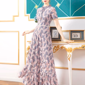 Vintage Floral Print Short Sleeve Lace Hollow Out Slim Maxi Dress