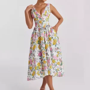 Vintage Floral Printed Deep V-Neck Sleeveless Midi Dress